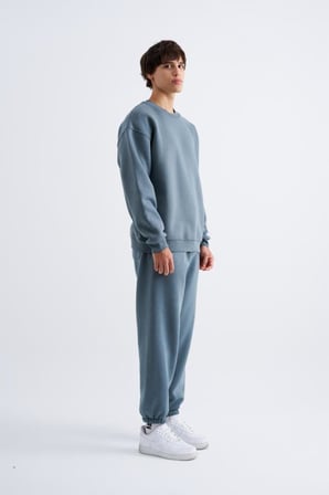 Erkek Basic Bisiklet Yaka Oversize Sweatshirt Mavi-Duman