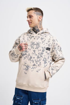 Erkek Splash Printed Kapüşonlu Sweatshirt Açık Bej