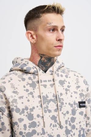 Erkek Splash Printed Kapüşonlu Sweatshirt Açık Bej