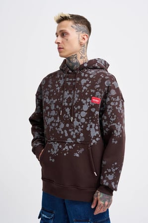 Erkek Splash Printed Kapüşonlu Sweatshirt Koyu Kahverengi