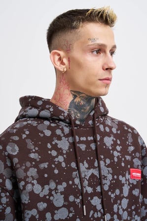 Erkek Splash Printed Kapüşonlu Sweatshirt Koyu Kahverengi