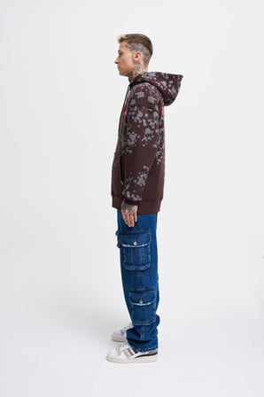 Erkek Splash Printed Kapüşonlu Sweatshirt Koyu Kahverengi