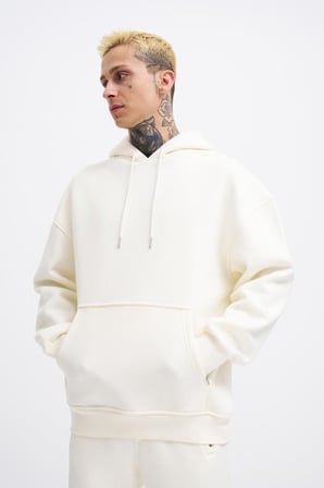 Erkek Oversize Basic Kapüşonlu Sweatshirt Ekru