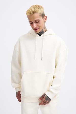 Erkek Oversize Basic Kapüşonlu Sweatshirt Ekru