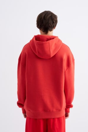 Erkek Oversize Basic Kapüşonlu Sweatshirt Açık Kırmızı
