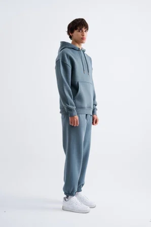 Erkek Oversize Basic Kapüşonlu Sweatshirt Mavi Duman