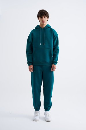 Erkek Oversize Basic Kapüşonlu Sweatshirt Yağ Yeşili