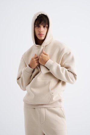 Erkek Oversize Basic Kapüşonlu Sweatshirt Açık Bej