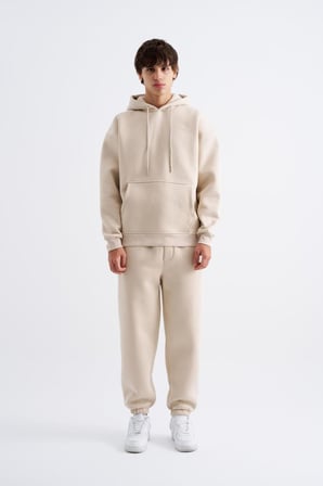 Erkek Oversize Basic Kapüşonlu Sweatshirt Açık Bej