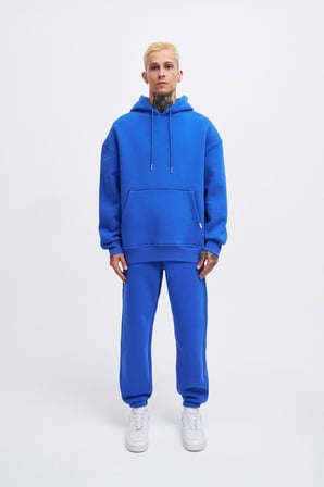 Erkek Oversize Basic Kapüşonlu Sweatshirt Açık Mavi