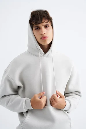 Erkek Oversize Basic Kapüşonlu Sweatshirt Uzay Grisi
