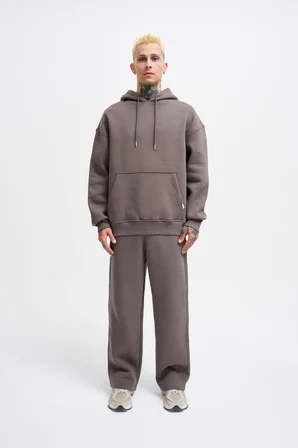 Erkek Oversize Basic Kapüşonlu Sweatshirt Antrasit
