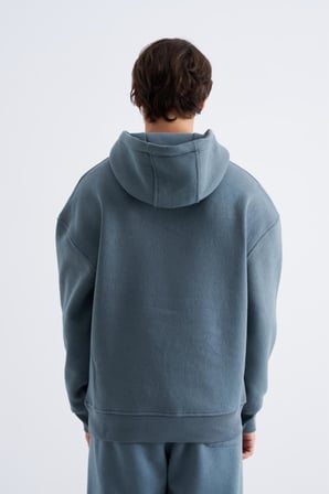 Erkek Oversize Basic Kapüşonlu Sweatshirt Mavi-Duman