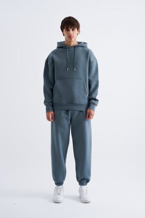 Erkek Oversize Basic Kapüşonlu Sweatshirt Mavi-Duman