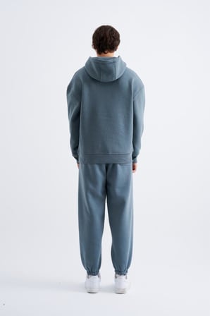 Erkek Oversize Basic Kapüşonlu Sweatshirt Mavi-Duman