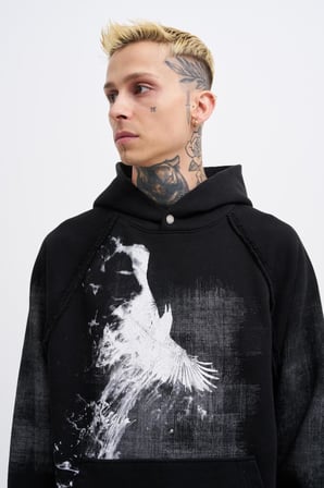 Erkek Tumbled Printed Kapüşonlu Sweatshirt Siyah