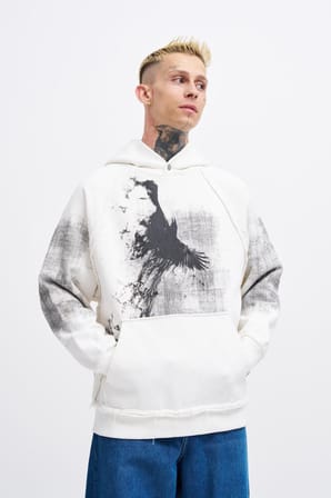 Erkek Tumbled Printed Kapüşonlu Sweatshirt Ekru