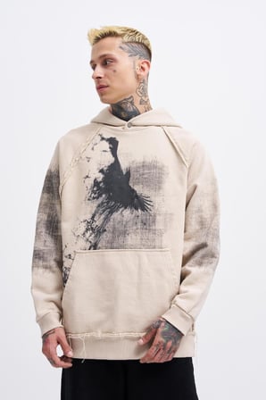 Erkek Tumbled Printed Kapüşonlu Sweatshirt Açık Bej