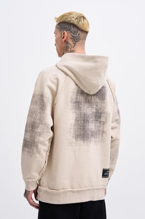 Erkek Tumbled Printed Kapüşonlu Sweatshirt Açık Bej