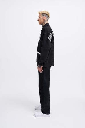 Erkek Felt Badge Zip Polo Sweatshirt Siyah