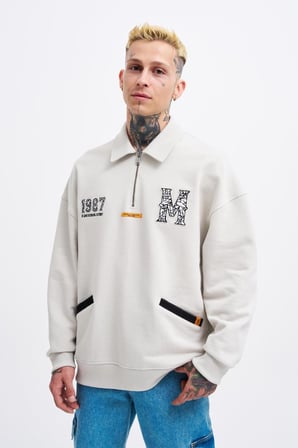 Erkek Felt Badge Zip Polo Sweatshirt Uzay Grisi