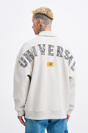Erkek Felt Badge Zip Polo Sweatshirt Uzay Grisi