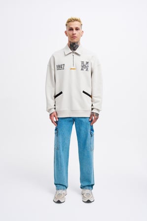 Erkek Felt Badge Zip Polo Sweatshirt Uzay Grisi