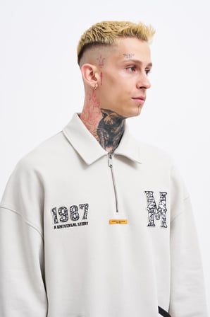 Erkek Felt Badge Zip Polo Sweatshirt Uzay Grisi