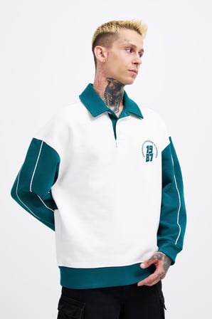 Erkek Contrast and Piped Polo Sweatshirt Ekru-Yağ Yeşili