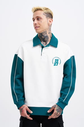 Erkek Contrast and Piped Polo Sweatshirt Ekru-Yağ Yeşili
