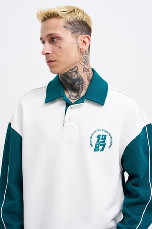 Erkek Contrast and Piped Polo Sweatshirt Ekru-Yağ Yeşili