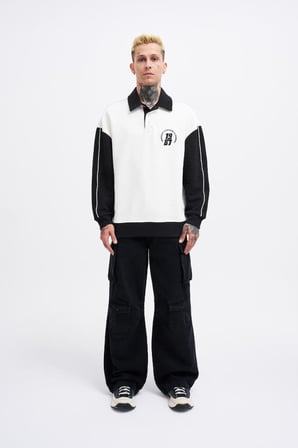 Erkek Contrast and Piped Polo Sweatshirt Ekru-Siyah
