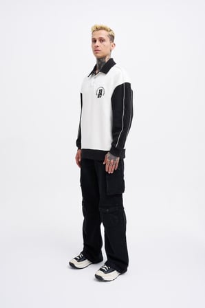 Erkek Contrast and Piped Polo Sweatshirt Ekru-Siyah