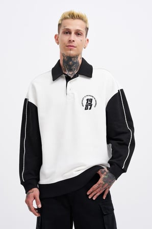 Erkek Contrast and Piped Polo Sweatshirt Ekru-Siyah