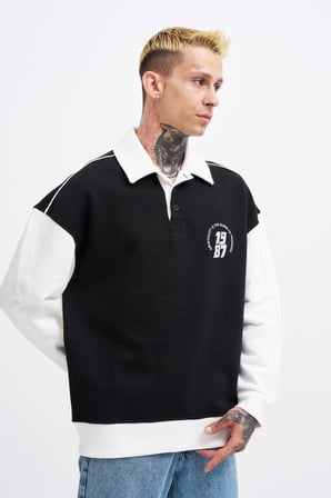 Erkek Contrast and Piped Polo Sweatshirt Siyah-Ekru