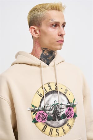 Erkek GUNS Baskılı Kapüşonlu Oversize Sweatshirt Açık Bej