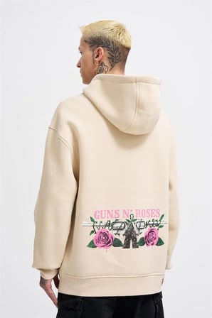 Erkek GUNS Baskılı Kapüşonlu Oversize Sweatshirt Açık Bej