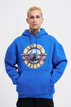 Erkek GUNS Baskılı Kapüşonlu Oversize Sweatshirt Saks Mavi