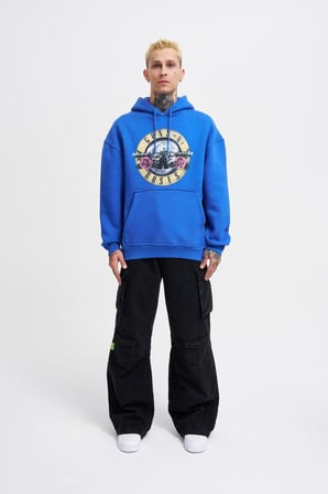 Erkek GUNS Baskılı Kapüşonlu Oversize Sweatshirt Saks Mavi