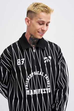 Erkek Printed And Zip Polo Sweatshirt Siyah