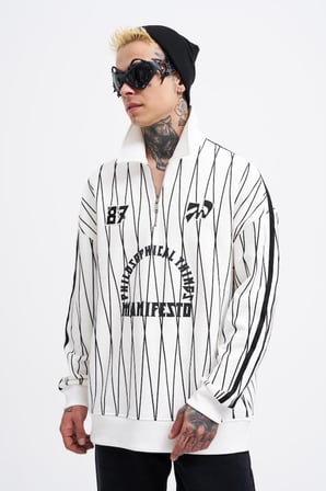 Erkek Printed And Zip Polo Sweatshirt Ekru