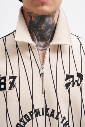 Erkek Printed And Zip Polo Sweatshirt Açık Bej