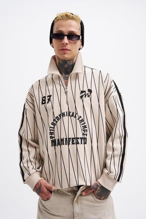 Erkek Printed And Zip Polo Sweatshirt Açık Bej