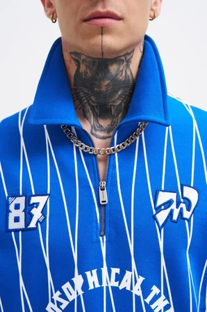 Erkek Printed And Zip Polo Sweatshirt Açık Mavi