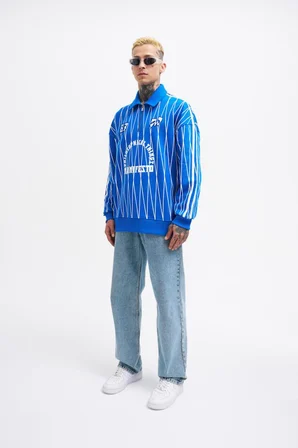 Erkek Printed And Zip Polo Sweatshirt Açık Mavi