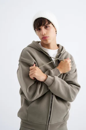Erkek Oversize Fermuarlı Cepli Kapüşonlu Basic Sweatshirt Haki