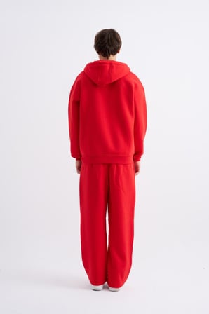 Erkek Oversize Fermuarlı Cepli Kapüşonlu Basic Sweatshirt Kırmızı