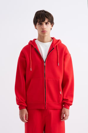 Erkek Oversize Fermuarlı Cepli Kapüşonlu Basic Sweatshirt Kırmızı