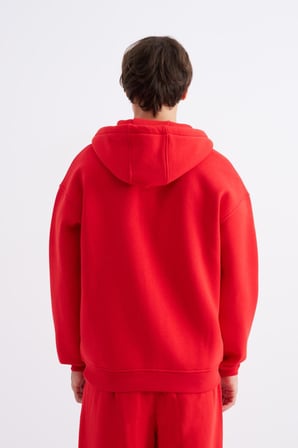 Erkek Oversize Fermuarlı Cepli Kapüşonlu Basic Sweatshirt Kırmızı