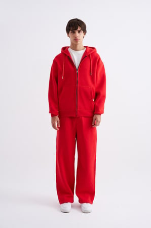 Erkek Oversize Fermuarlı Cepli Kapüşonlu Basic Sweatshirt Kırmızı